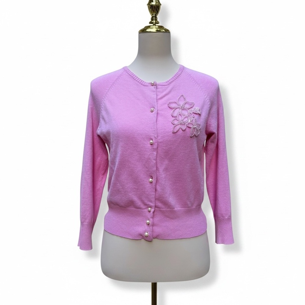VTG Y2K Speechless Cardigan L Pink Pearl Button Beaded Floral Ramie Knit Sweater